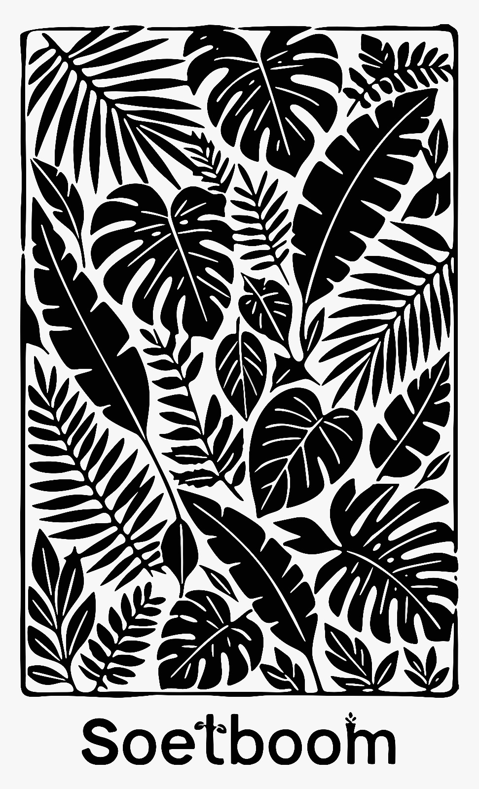 Schwarz-weiße Illustration aus üppigen tropischen Blättern mit Soetboom-Schriftzug